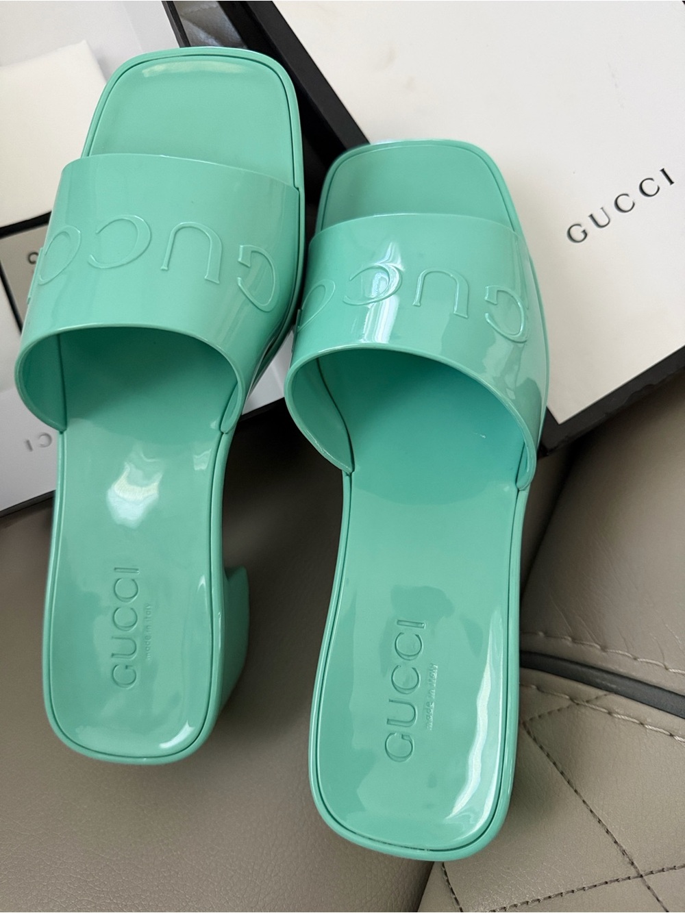 Gucci Patent Mint Green Slide Mules - Picture 16 of 16